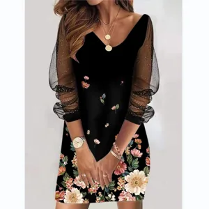 Mujer Cuello V Malla Manga Larga Estampado Floral Vestido Elegante Negro De Fiesta