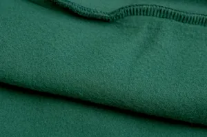 Detailed close-up shot of dark green fleece sweatshirt fabric texture and fine stitching.