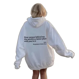 Women fleece lined hooded sweatshirt, back view with letter print, casual solid white hoodie.