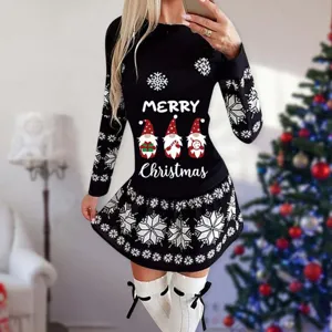 Damen Weihnachten Langarm Kleid Polyester Schneeflocke Gnom Druck Festlich Rundhalsausschnitt Schlanke Passform Casual Midi Kleid