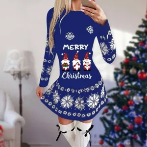 Weihnachten langarm Kleid mit Schneeflocken und Zwergen Druck, festliches Winteroutfit.