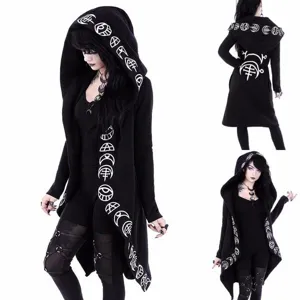 Γυναικεία Punk Gothic Φούτερ Ζακέτα με Κουκούλα Μακρυμάνικη με Εκτύπωση Φάσεων Σελήνης Μαύρο Streetwear Top