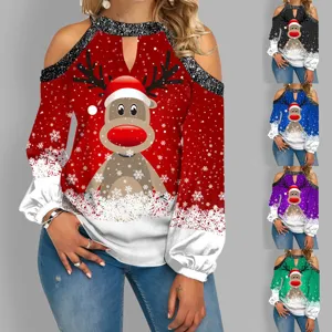 Camiseta de Manga Larga para Mujer Con Estampado de Alce de Navidad Hombros Descubiertos Cuello Redondo Casual de Triacetato Top Gráfico Festivo