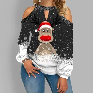 Top de manga larga con hombros descubiertos estampado reno de navidad, camisa de mujer.