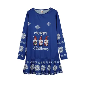 Weihnachtswichtel Schneeflocke Druck Langarm blaues Kleid Winter Freizeit festliche Mode.