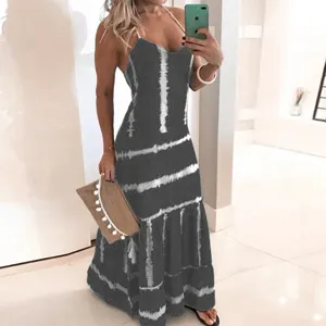 Women summer casual halter neck striped maxi dress elegant sleeveless long dress