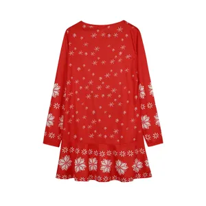 Rotes Damen Weihnachtskleid mit Schneeflocken Print Langarm Winter Party Kleid elegant chic.