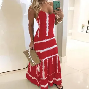 Sexy summer halter neck tie-dye print maxi dress casual slim fit long dress for women