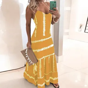 Summer yellow tie-dye halter maxi dress for women, casual sleeveless slim fit long beach dress.