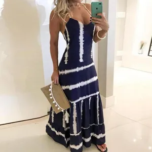 Detailed view of the stylish halter tie-dye maxi dress with elegant striped pattern.