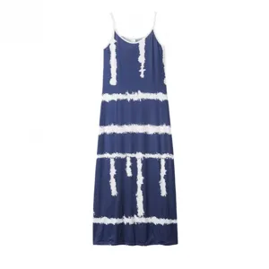 Details of the blue and white striped slim-fit maxi dress, featuring elegant halter straps.