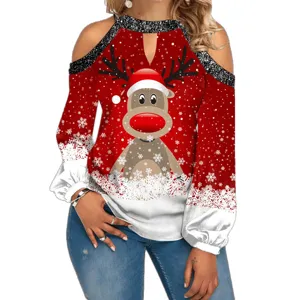 Mujer Navidad Hombro Descubierto Manga Larga T-Shirt Casual Lindo Reno Vacaciones Top