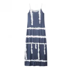 Summer women slim fit slip maxi dress with abstract white print, elegant and stylish.