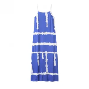 Women Summer Blue Long Dress Spaghetti Strap Striped Slim Fit Maxi Dress Casual Chic