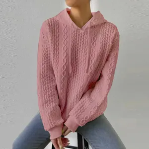Pink cable knit hoodie for women, casual long sleeve hooded sweatshirt with drawstring.