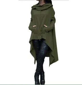 Army green long sleeve hooded sweatshirt detail, irregular high low hem and front pockets.