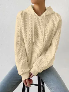 Plus size women cable knit hooded sweatshirt casual long sleeve pullover top beige