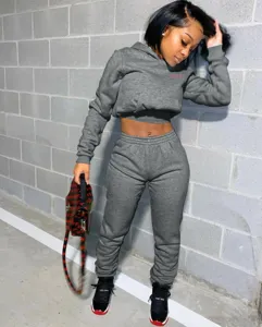 Γυναικείο γκρι casual σετ φόρμας με cropped κουκούλα και παντελόνι για φθινόπωρο και χειμώνα.