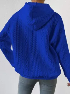 Women Plus Size Cable Knit Hooded Sweatshirt Fall Long Sleeve Casual Blue Pullover Top.