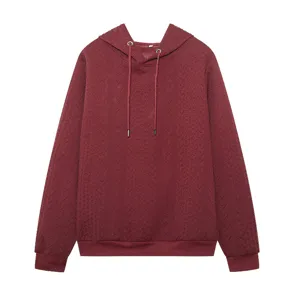 Burgundy jacquard hooded sweatshirt detail, long sleeve casual pullover, plus size top.