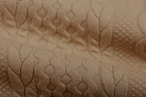 Detailed shot of textured knit fabric, showing intricate cable and diamond weave patterns.