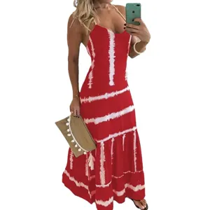 Red white tie dye maxi dress halter neck sleeveless summer long beach dress women clothing