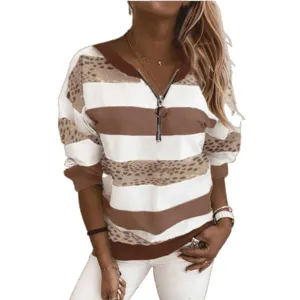 Damen V-Ausschnitt Langarm Sweatshirt lässige gestreifte Pullover Oberteil für den Herbst.