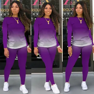 Dames ombre lange mouw top en legging sportkleding set casual stijlvolle tweedelige outfit