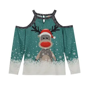 Detailed view of the Christmas cold shoulder long sleeve green top with cute reindeer print.