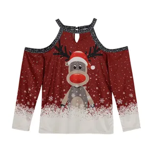 Christmas reindeer print cold shoulder long sleeve detail view of women festive top.