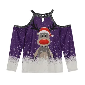 Charming Christmas reindeer print cold shoulder long sleeve top for women casual wear.