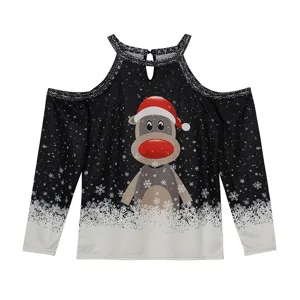 Christmas reindeer print cold shoulder long sleeve top, casual winter women clothing item.
