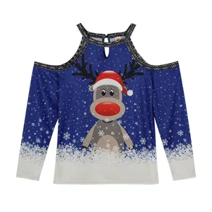 Christmas reindeer print cold shoulder long sleeve blue top women casual winter tee shirt
