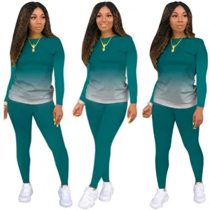 Dames kleurverloop lange mouw top en broek casual sport tweedelig trainingspak.