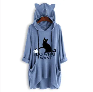 Detailed view of the cute cat ear hood loose knit sweatshirt with black cat graphic print.