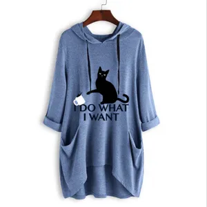 Detail view of the casual loose knit hooded sweatshirt featuring a cute cat print and long sleeves.