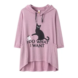 Close-up detail of the cat graphic and text print on the casual knit hooded sweatshirt.