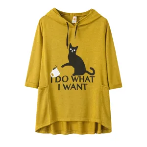 Details of yellow plus size knit hoodie featuring cute black cat print and casual hood design.