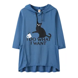 Casual loose plus size knit hooded sweatshirt with cat graphic and irregular hem for women