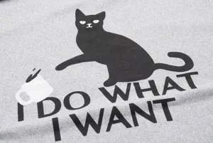 Grey knit fabric detail featuring cute black cat and mug print for women casual sweatshirt