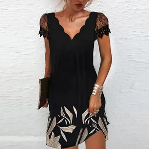 Femme col V festonné dentelle manches courtes imprimé robe élégante mode d'été