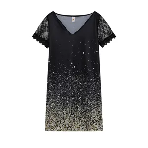 Robe courte col V dentelle épissage dégradé éclaboussure impression décontracté mode femme