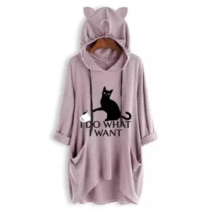 Women's Plus Size Acrylic Knit Hoodie Cute Cat Ear Hooded Sweatshirt Irregular Hem Cat Printed Pullover Top