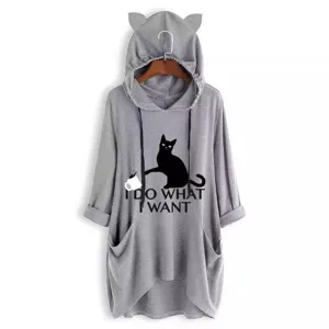 Grey cat ear hoodie sweatshirt for women, loose plus size casual long sleeve top with cat print.