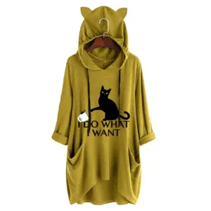 Oversized mustard yellow cat print knit hooded sweatshirt featuring long sleeves for women.