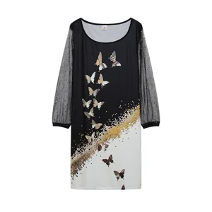 Vestido mujer negro blanco manga larga transparente lentejuelas mariposa estampado elegante fiesta
