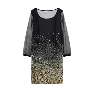 Vestido negro manga de tul transparente degradado de lentejuelas detalle de tela y patron