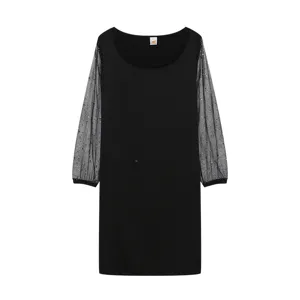 2024 primavera mujer vestido negro lentejuelas mesh manga larga elegante fiesta casual