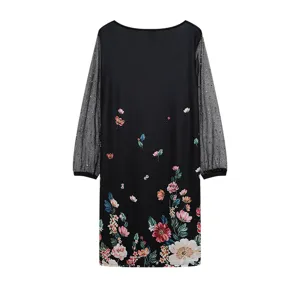 Mujer manga larga lentejuelas malla empalme estampado floral vestido negro bonito detalle