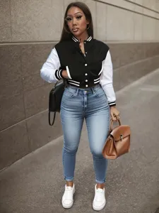 Women's colorblock varsity jacket autumn casual outerwear paired with skinny jeans